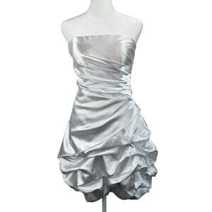 Lets Fashion White Satin Strapless Bubble Hem Ruched Party Mini Dress Jr Small